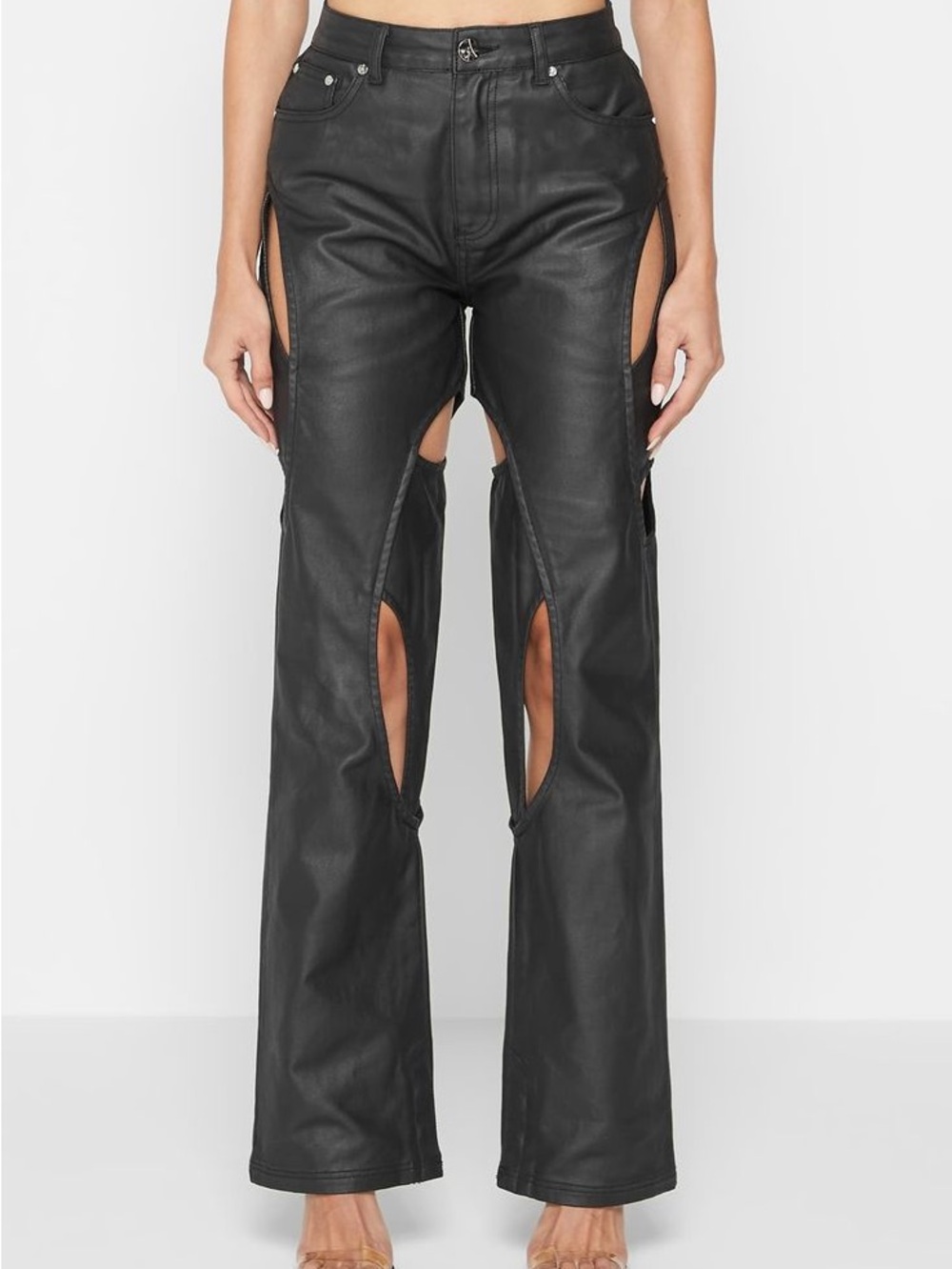 Maniere De Voir Cutout Boyfriend Pants in Black Leather-Look Coated Denim